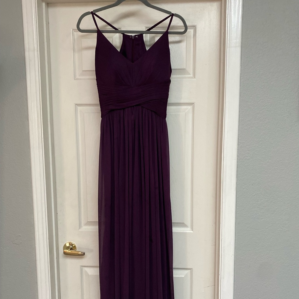Davis bridal spaghetti strap mesh cross waist bridesmaid dress - plum
